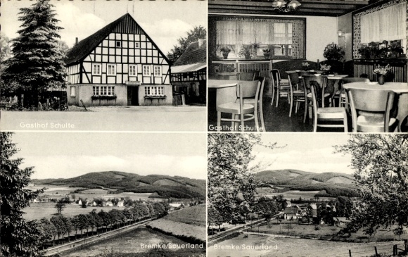 Postcard Bremke Eslohe in the Sauerland, general view, Gasthof Schulte, half-timbered house, guest room