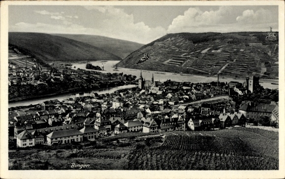 Postcard Bingen am Rhein, view of the Rhineland landscape, vineyards, river