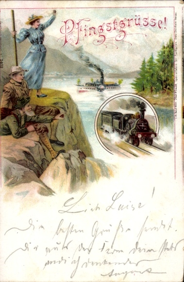 Chromo-Litho congratulations Pentecost, hikers, railway, steamer