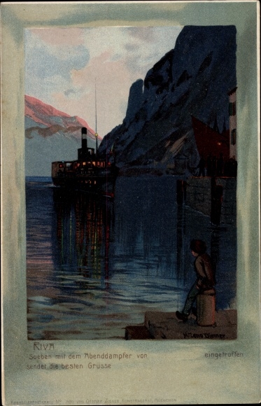 Kunstenaarskaart Diemer, Zeno, Riva del Garda Trentino, avondstoomboot