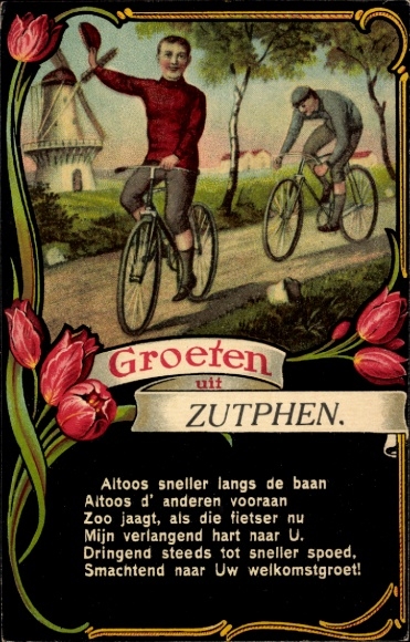 Gedicht Passepartout Ak Zutphen Gelderland, Fahrräder, Radfahrer, Tulpen