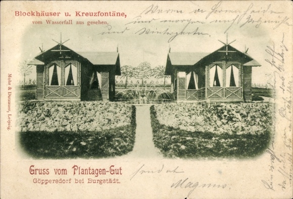 Ak Göppersdorf Burgstädt in Sachsen, Blockhäuser, Kreuzfontäne, Plantagen-Gut, Wasserfall, Moh...