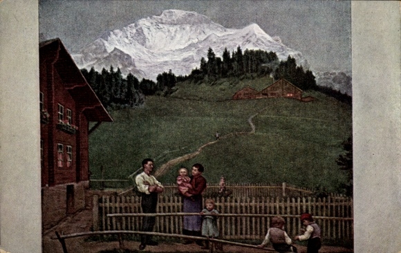 Artist Postcard Thoma, Hans, Evening in Switzerland, Family, Mountains