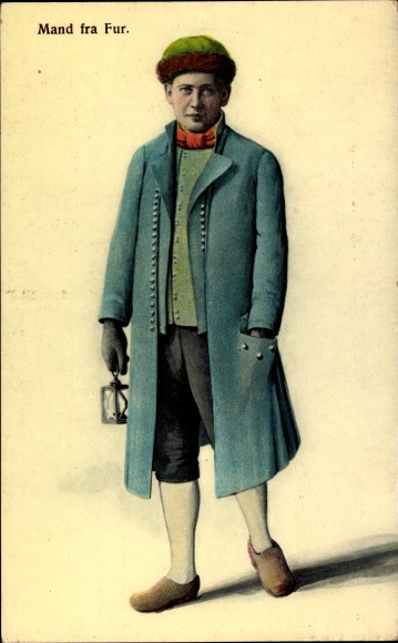 Postcard Fur, man in Danish costume, folk costume, cap, hand lantern