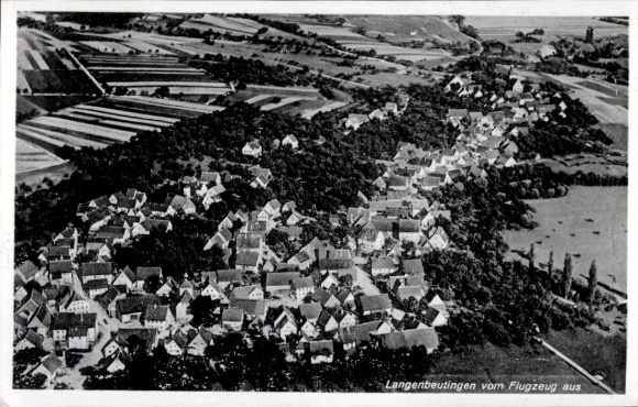 Postcard Langenbeutingen Langenbrettach in Würtemberg, aerial view of village view, fields, trees