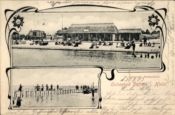 Postcard Ostseebad Dahme in Holstein, H. Kitzerau's beach hut, jetty, departure of the guests