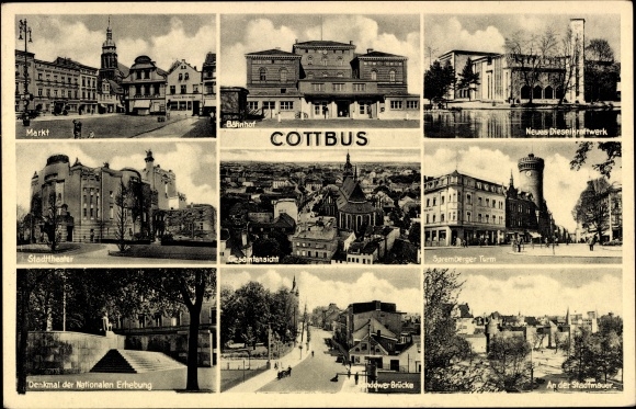Ak Cottbus Niederlausitz, Bahnhof, Markt, Dieselkraftwerk, Stadttheater, Spremberger Turm