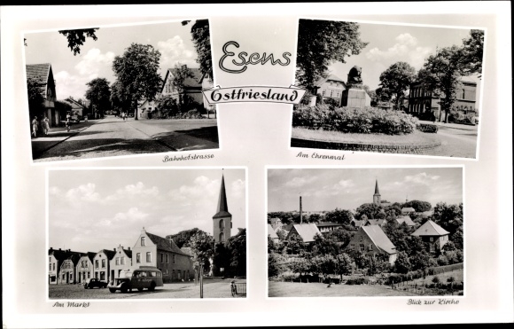 Postcard Esens in Ostfriesland, partial view, memorial, Bahnhofstrasse