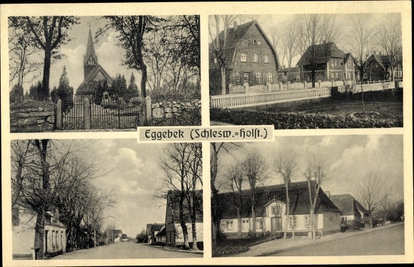 Ak Eggebek Kreis Flensburg, Kirche, Häuser mit Gärten, Straßenansichten