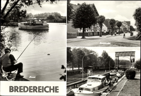 Postcard Bredereich Fürstenberg on the Havel, anglers on the Havel, Dorfstraße, lock