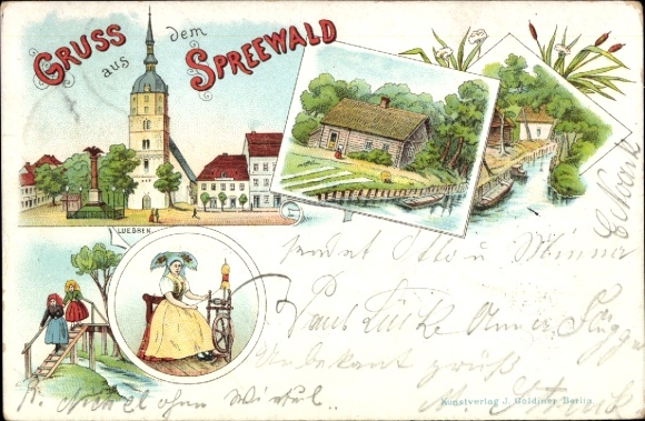 Litho Spreewald, Kirche, Frauen in Tracht, Spinnrad