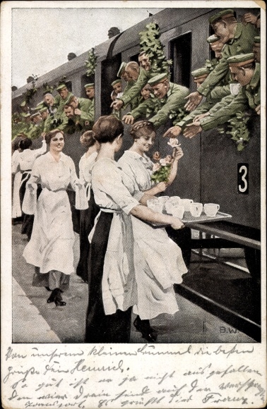 Artist PC Wennerberg, B., refreshment station, soldiers get drinks, train, women