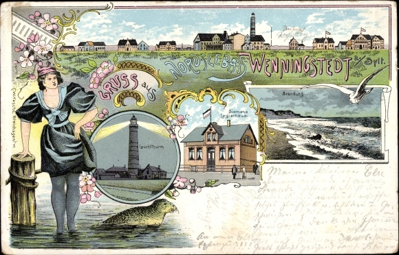 Chromo-Litho Wenningstedt on Sylt, lighthouse, Siemens Logierhaus, surf, lady in a bathing dress, seal