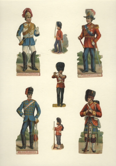 7 wafer soldiers in different uniforms, approx. 12 x 5 cm to 6 x 3 cm
