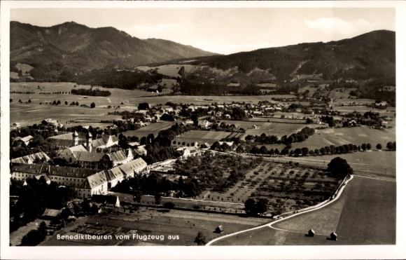 Postcard Benediktbeuren Benediktbeuern in Upper Bavaria, aerial view of mountains, green meadows, buildings, B
