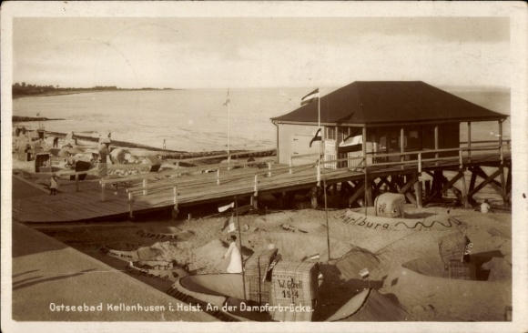Postcard Ostseebad Kellenhusen in Holstein, Ostseebad Dampferbrücke, beach, wooden hut, sand dunes, ...