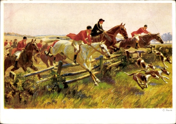 Artist Postcard Merté, O., cross country, horse racing, fox hunting, riders, hunting dogs
