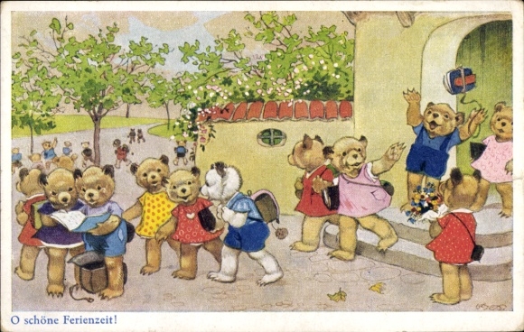 Artist Postcard Baumgarten, Fritz, O beautiful holiday time, bear children leave school
