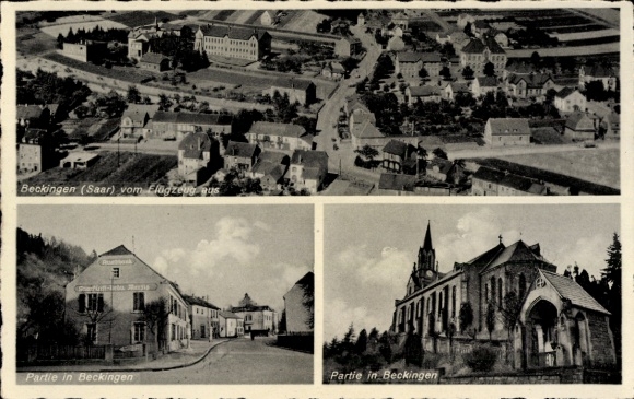 Postcard Beckingen in Saarland, aerial view of Beckingen, three views, historical architecture