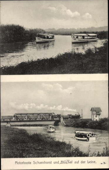 Postcard Rehten Laatzen on a leash, motor boats Scharnhorst and Blücher