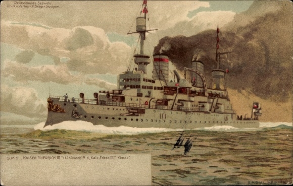 Artist Chromo-Litho , German Warship, SMS Kaiser Friedrich, Ship of the Line, Imperial Navy