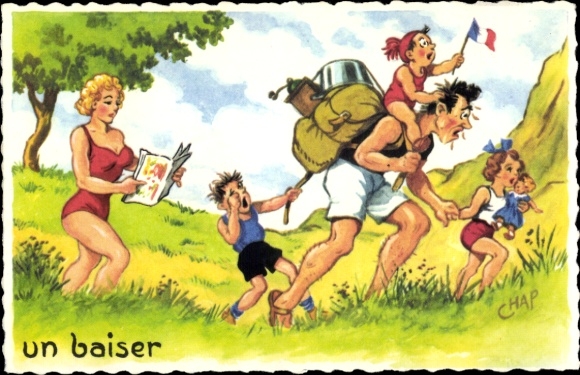 Artist Postcard Chaperon, J., Family planning to have a picnic, Exhausted man with backpack
