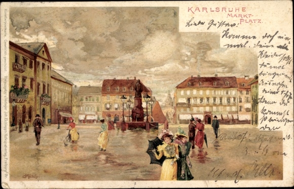 Artist Chromo-Litho Münch, C., Karlsruhe in Baden, market square