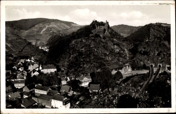 Postcard Altenahr in the Ahr Valley, view of castle, tunnel, vineyards, houses, river