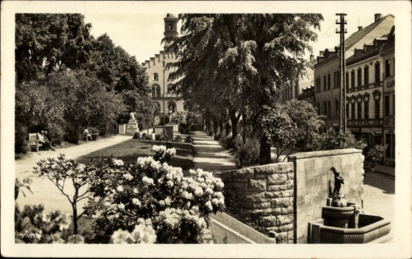 Postcard Markneukirchen in the Vogtland, park, buildings in the background, flowering plants, old arch...