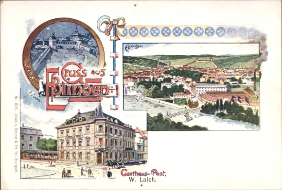 Künstler Ak Fuchs, Karl, Esslingen am Neckar Baden Württemberg, Gasthaus zur Post, Stadtpanorama