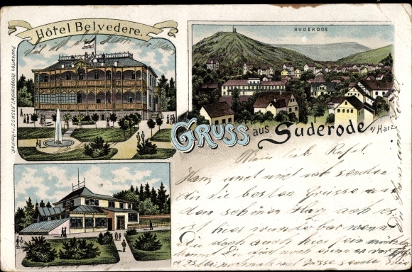 Chromo-Litho Bad Suderode Quedlinburg in the Harz, general view, Hotel Belvedere