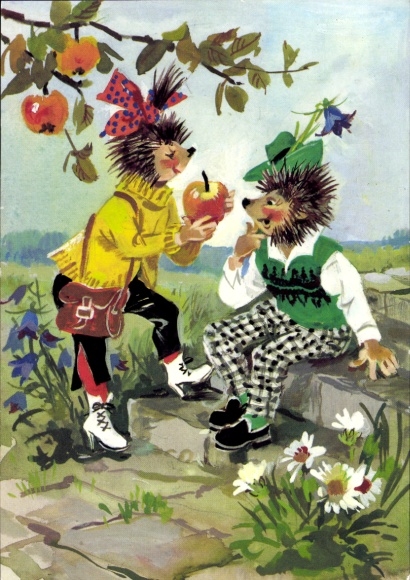Ak Vermenschlichte Igel, Igelpaar, Apfel