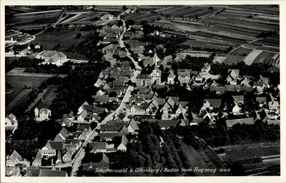 Postcard Schutterwald in Baden Württemberg, aerial view of Schutterwald, many residential houses, rural