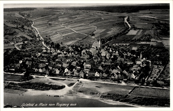 Postcard Sulzfeld am Main in the district of Kitzingen, aerial photograph, Gasthaus zum Löwen