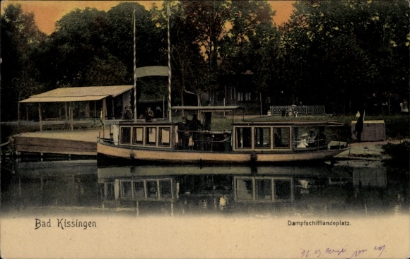 Postcard Bad Kissingen Lower Franconia Bavaria, steamship on the water, green surroundings, wooden jetty