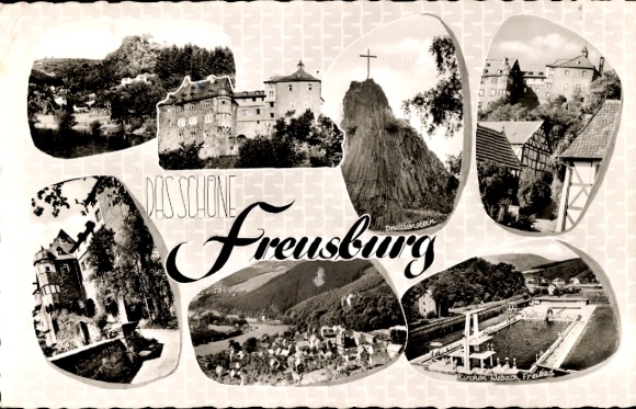Postcard Freusburg churches on the Sieg, youth castle, swimming pool, cross, partial view, Gasthof Ache