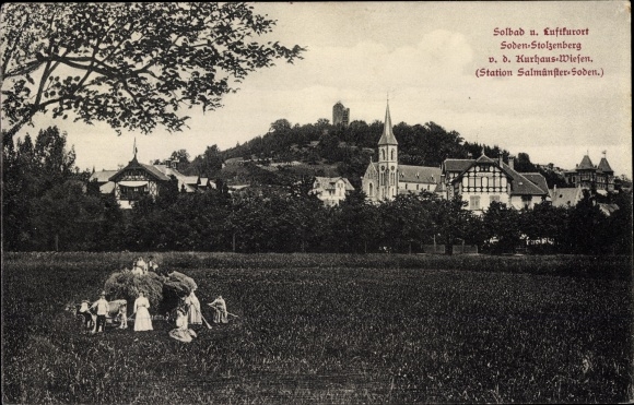 Ak Bad Soden Salmünster in Hessen, uitzicht op de stad, kasteel Stolzenberg, boeren met hooikarren