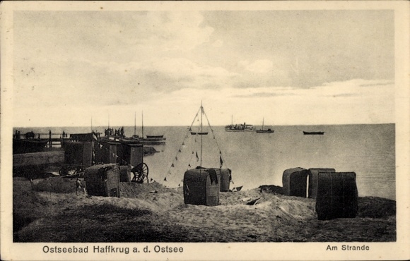 Ak Haffkrug Scharbeutz Ostholstein, Ostseebad, Strand, Schiffe, Strandkörbe, ruhige Atmosphäre