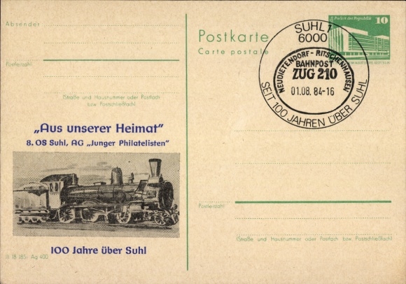 Ak Suhl in Thüringen, 8e OS Suhl, AG Jonge Filatelisten, 100 jaar over Suhl, spoorweg