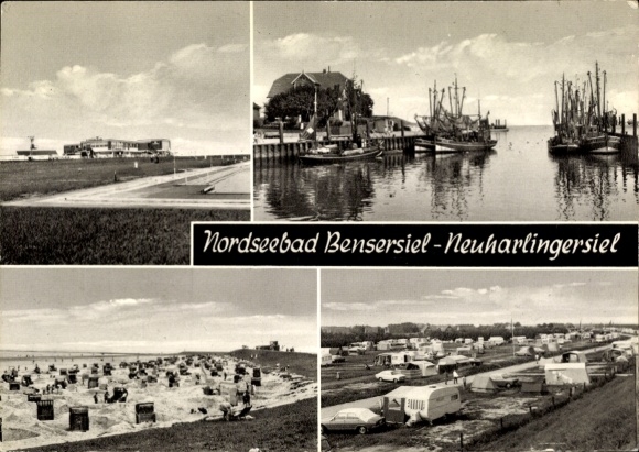 Postcard Neuharlingersiel Bensersiel Esens in Lower Saxony, harbor, fishing boats, campsite, beach