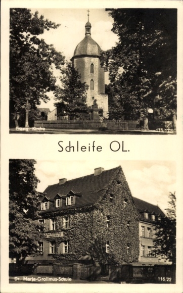 Postcard Schleife in Upper Lusatia, Evangelical Church, Dr. Marja Grollmus School,