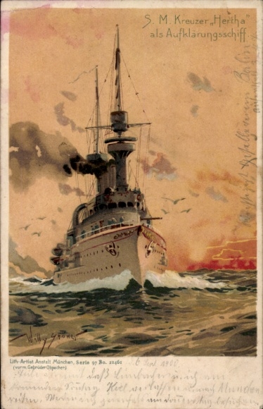 Artist Chromo-Litho Stöwer, W., German warship, SM cruiser Hertha, reconnaissance ship