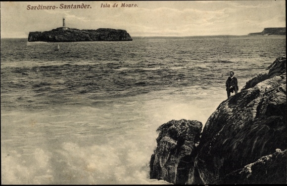 Postcard Sardinero Santander Cantabria Spain, Isla de Mouro, Lighthouse