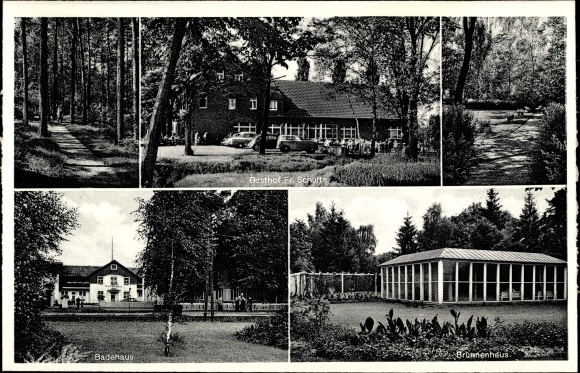 Postcard Bad Waldliesborn Lippstadt North Rhine-Westphalia, Gasthof Fr. Schulte, fountain house, bathhouse