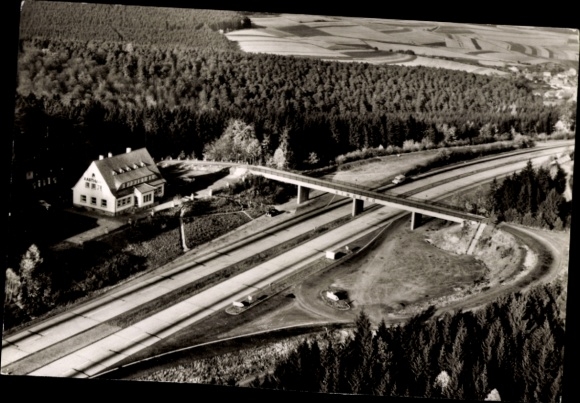 Postcard Bad Hersfeld Hessen, aerial view of the motorway, rest area Heinrich Stumpf, forest area