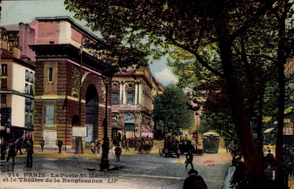 Postcard Paris IX Opéra, La Porte St-Martin, Théâtre de la Renaissance, colored
