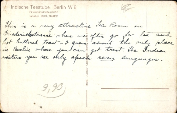 Postcard Berlin Mitte, Indian Tea Room, owner Rud. Trapp, Friedrichstraße 56/57, interior view
