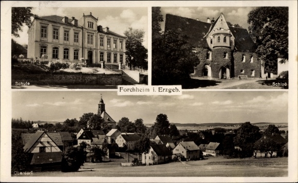 Ak Forchheim Pockau Lengefeld im Erzgebirge, Schule, Schloss, Oberdorf