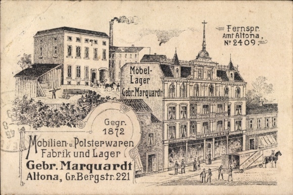 Litho Hamburg Altona, Mobilien- und Polsterwaren-Fabrik und Lager Gebr. Marquardt, Gr. Bergstr. 221