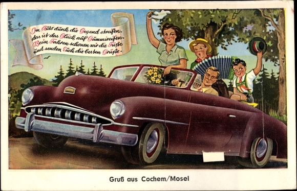 Leporello PC Cochem an der Mosel, traveling family in a cabriolet, accordion, poem